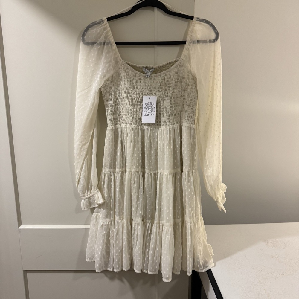 Patrons of Peace Cream Swiss Dot ‎ Sheer Boho Mini Dress Long Sleeve Tiered Sz S